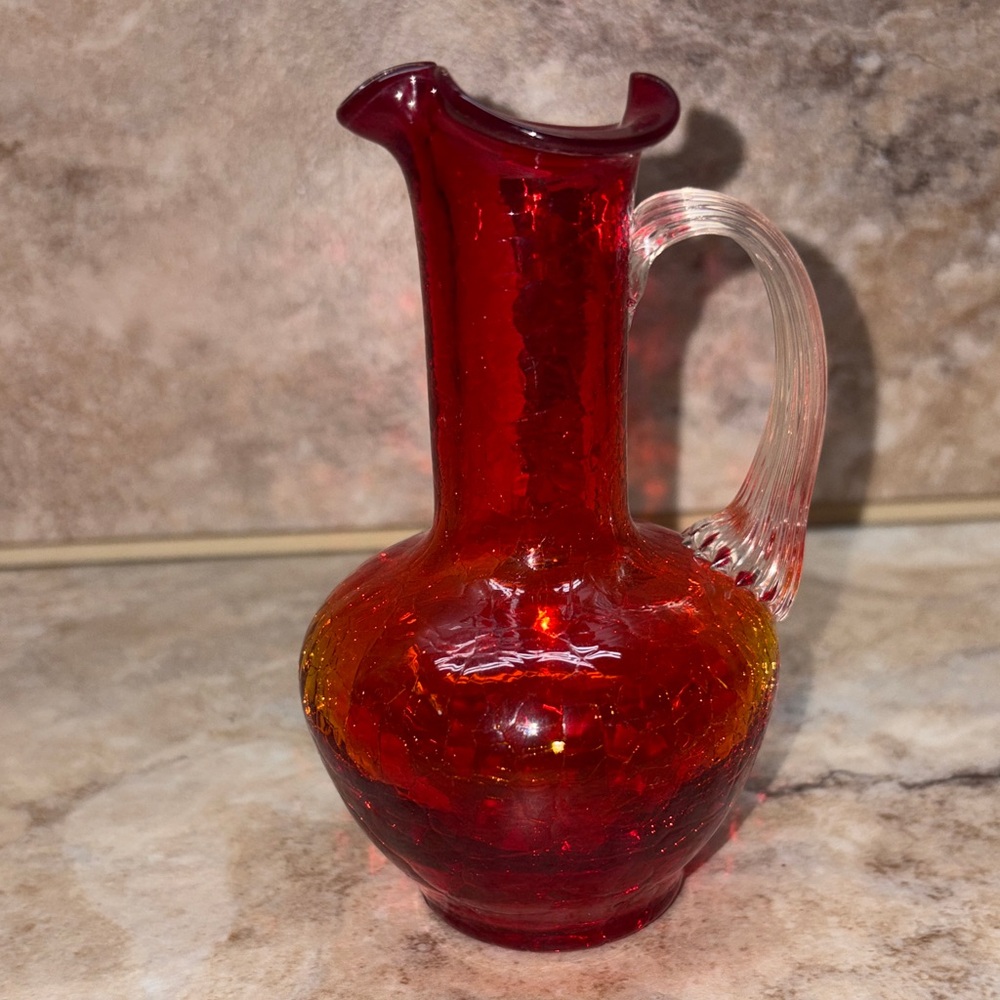 Vintage Blenko Amberina Crackle Glass Pitcher Bud Vase 4-7/8”H